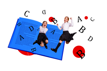 Composite photo collage of two funny classmates girls jump together literature subject open book letter read isolated on painted background
