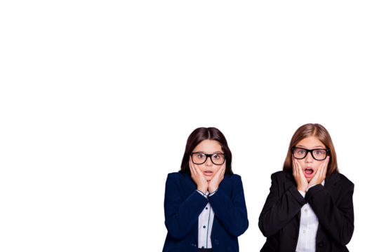 Composite photo collage of two astonished blonde brunette school classmates girls hold head panic isolated on painted background