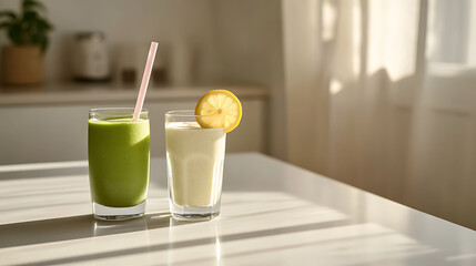 Two smoothies, one green, one cream-colored with a lemon slice, on a white table bathed in sunlight. Healthy drinks for a bright, fresh start.
