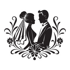 Elegant Wedding Couple Silhouette with Floral Frame Vector Illustration © Varun