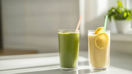 Two smoothies, one green and one yellow, sit on a white counter, backlit by sunlight, offering a refreshing and healthy beverage option.