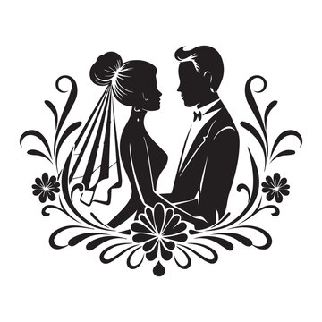 Elegant Wedding Couple Silhouette with Floral Frame Vector Illustration