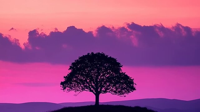 A lone tree silhouetted on a hill against a vibrant pink and purple sunset sky