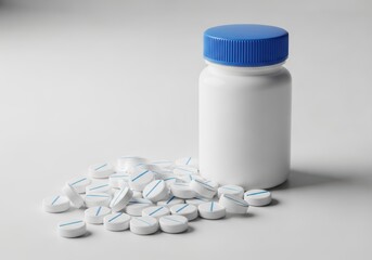 A white pill bottle with a blue cap sits next to a pile of white and blue striped pills