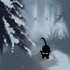A black cat in a forest full of white snow
