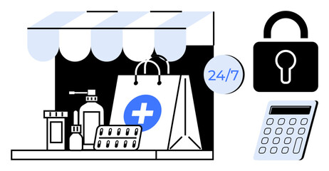 Pharmacy storefront with medical supplies, shopping bag, calculator, security lock, 247 badge. Ideal for online pharmacy, healthcare access, delivery services, cybersecurity e-commerce convenience