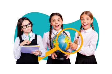 Composite photo collage of three school girls classmates stand together hold globe notepad pencil supplies isolated on painted background