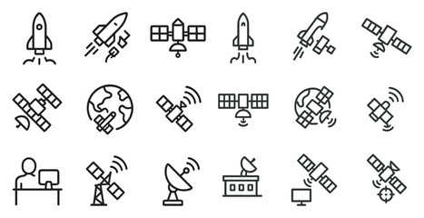 Space exploration outline icons set – silhouette, linear, astronomy and satellite symbols