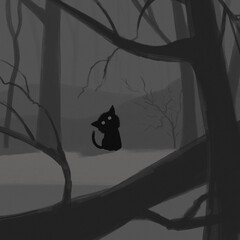 A scary black cat in a dark forest