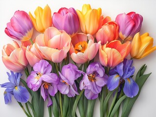 Naklejka premium Colorful Spring Floral Display: A Beautiful Collection of Vivid Tulips, Elegant Blue Irises, and Soft Purple Crocuses, Showcasing Nature's Palette Against a Bright White Backdrop.