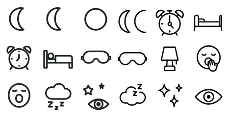 Sleep and relaxation icons set – line, outline, bedtime and nap symbols