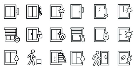 Window and glass outline icons set – linear, transparent, door and security symbols