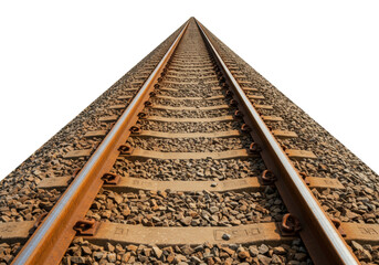 Isolated railroad tracks extend into the distance with gravel and weathered railroad ties, train rail