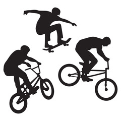 Obraz premium Isolated extreme sports silhouettes. Skateboarder and BMX riders performing jumps and tricks vector set.
