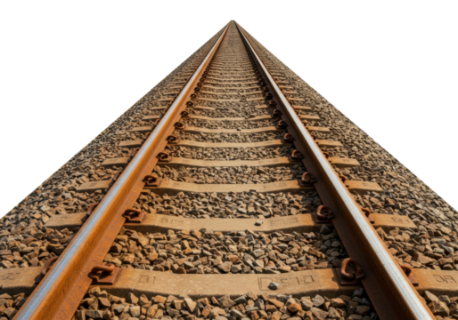 Isolated railroad tracks extend into the distance with gravel and weathered railroad ties, train rail