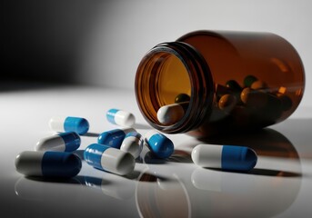 A brown medicine bottle lies on its side, spilling out blue and white capsules onto a reflective surface