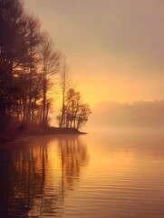 Golden sunrise illuminates a misty calm lake with silhouetted trees along the serene shoreline