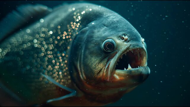 A piranha swims underwater with its mouth wide open, showcasing sharp teeth. This captivating moment highlights the fish's natural behavior in its habitat Generative AI