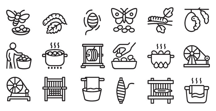 Silk production outline icons set &ndash; weaving, cocoon, textile industry symbols