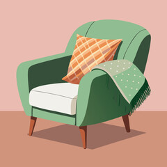 Green armchair with plaid pillow and polka dot blanket in flat vector style, cozy interior furniture design for comfortable modern home space