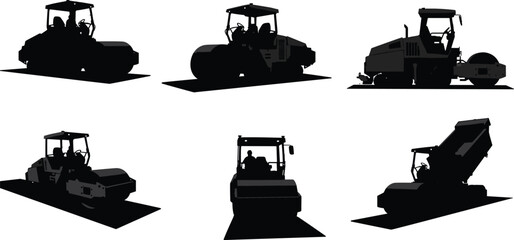 Silhouette vector illustration of road construction machinery, asphalt rollers, and dump trucks operated by workers, heavy equipment for pavement, maintenance, and engineering projects © It's Sahed