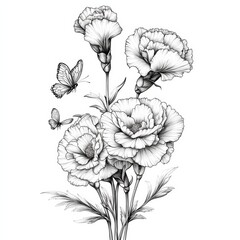 Fototapeta premium Stunning Black and White Line Art of Carnation Flowers with Butterflies Captivating the Beauty of Nature in a Minimalistic Design