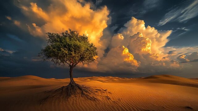 A lone tree with exposed roots on vast sand dunes under a dramatic, cloudy sky