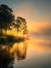 A serene sunrise casts golden light over a tranquil mist covered lake with silhouetted trees lining the shore and gentle ripples on the calm water