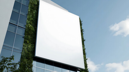 Blank sign on a modern building with green wall, ideal for an advertisement or informational banner on a commercial structure against a light blue sky.