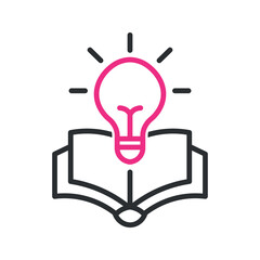 Open book with glowing pink lightbulb above idea knowledge
