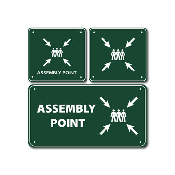 Assembly point sign set. Green emergency evacuation meeting place signage vector illustration.