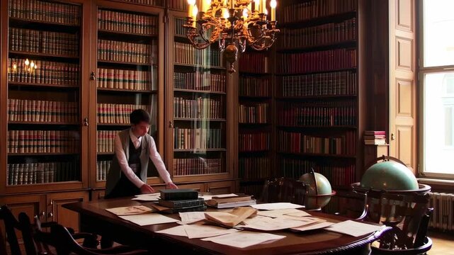Interior of a library with an individual near a desk with globes, and a large chandelier