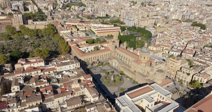 Aerial view of Palermo Cathedral. It is the cathedral church of the Roman Catholic Archdiocese of Palermo, located in Sicily, southern Italy. It is dedicated to the Assumption of the Virgin Mary.