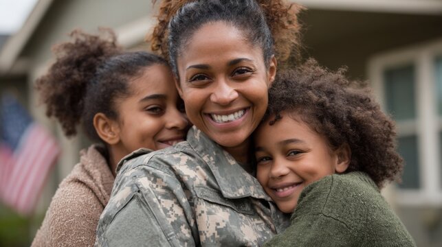 Loving Military Mother Embraces Her Two Daughters at Home, Expressing Joy and Strong Family Bond - Powered by Adobe