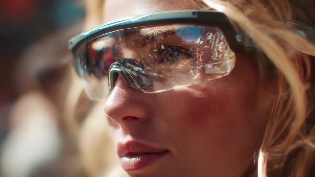 Close up portrait of a confident woman wearing protective safety glasses outdoors in natural sunlight. Modern eyewear reflects urban surroundings, highlighting a sense of adventure and determination