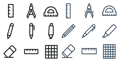 Measurement and drawing icons set - outline, linear, tools and stationery symbols