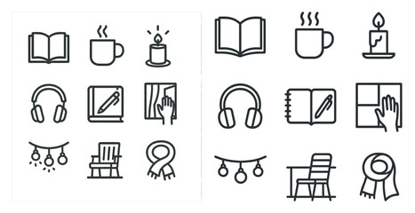 Cozy home linear icons set – outline, flat, comfort and relaxation symbols