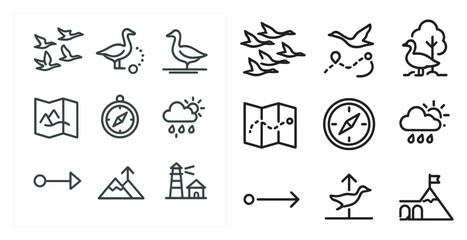 Naklejka premium Nature and navigation outline icons set – silhouette, wildlife, map and travel symbols