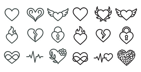 Heart and love icons set – outline, linear, romantic and valentine symbols