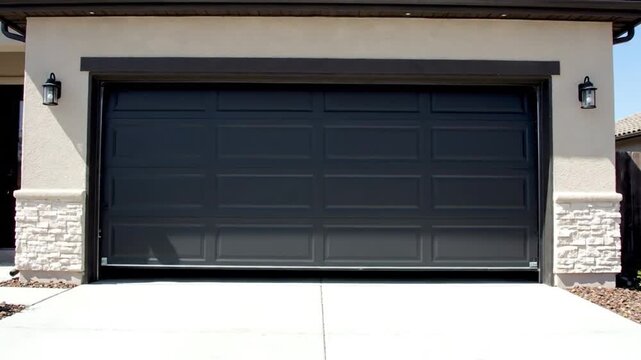 Sleek modern garage door showcases dark finish and textured panels, enhancing home exterior with stone accents and minimalistic lighting for clean, spacious environment