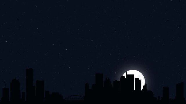 City skyline moonrise against rotating starry dark background
