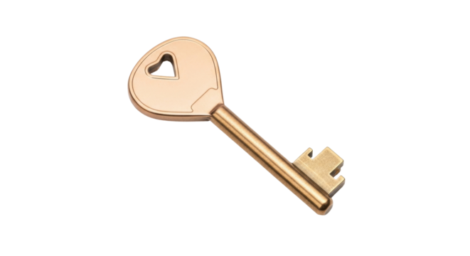 Isolated Antique Bronze Key with Heart Shaped Bow for Romantic Love, Valentine Gift