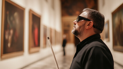 Man with sunglasses and cane viewing art in a museum, showing accessibility and inclusion in cultural spaces. Art appreciation for everyone.