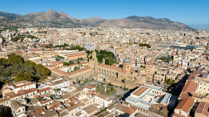 Fototapeta premium Aerial view of Palermo Cathedral. It is the cathedral church of the Roman Catholic Archdiocese of Palermo, located in Sicily, southern Italy. It is dedicated to the Assumption of the Virgin Mary.