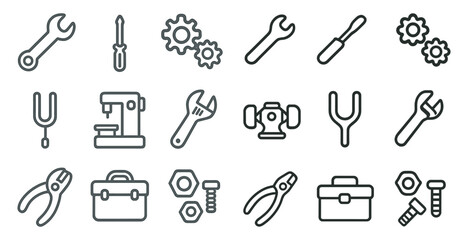 Mechanic tools line icons set – outline, linear, repair and maintenance symbols