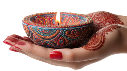 Decorative Diwali diya lamp with burning flame held in mehndi adorned hands for festival celebration isolated on white background
