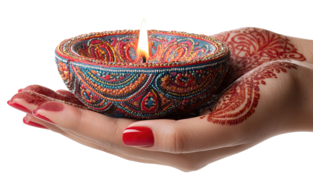 Decorative Diwali diya lamp with burning flame held in mehndi adorned hands for festival celebration isolated on white background
