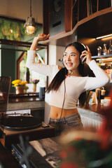 DJ Asian women young teen with music player, party sound entertainment happy smiling expression