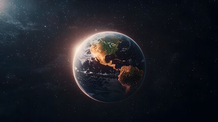 Obraz premium The image shows a glowing planet Earth centered against a backdrop of stars, emphasizing city lights on the Americas and a sunlit horizon.