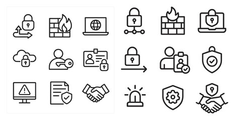 Cybersecurity outline icons set &ndash; firewall, protection, secure technology symbols